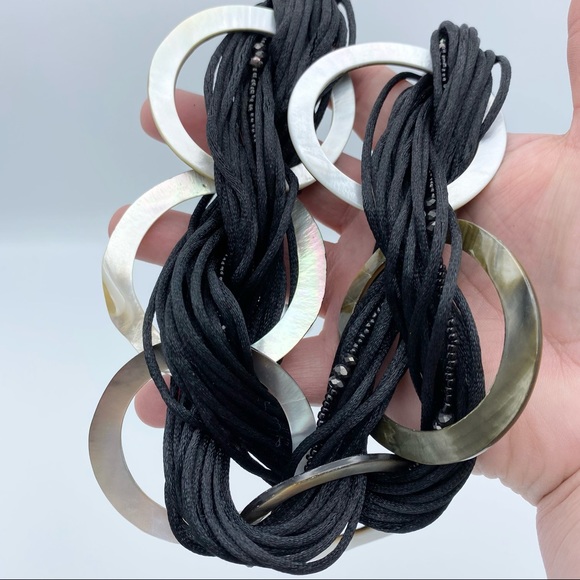 Mother of Pearl Rings Multi Black Cord Statement Necklace - Picture 3 of 10